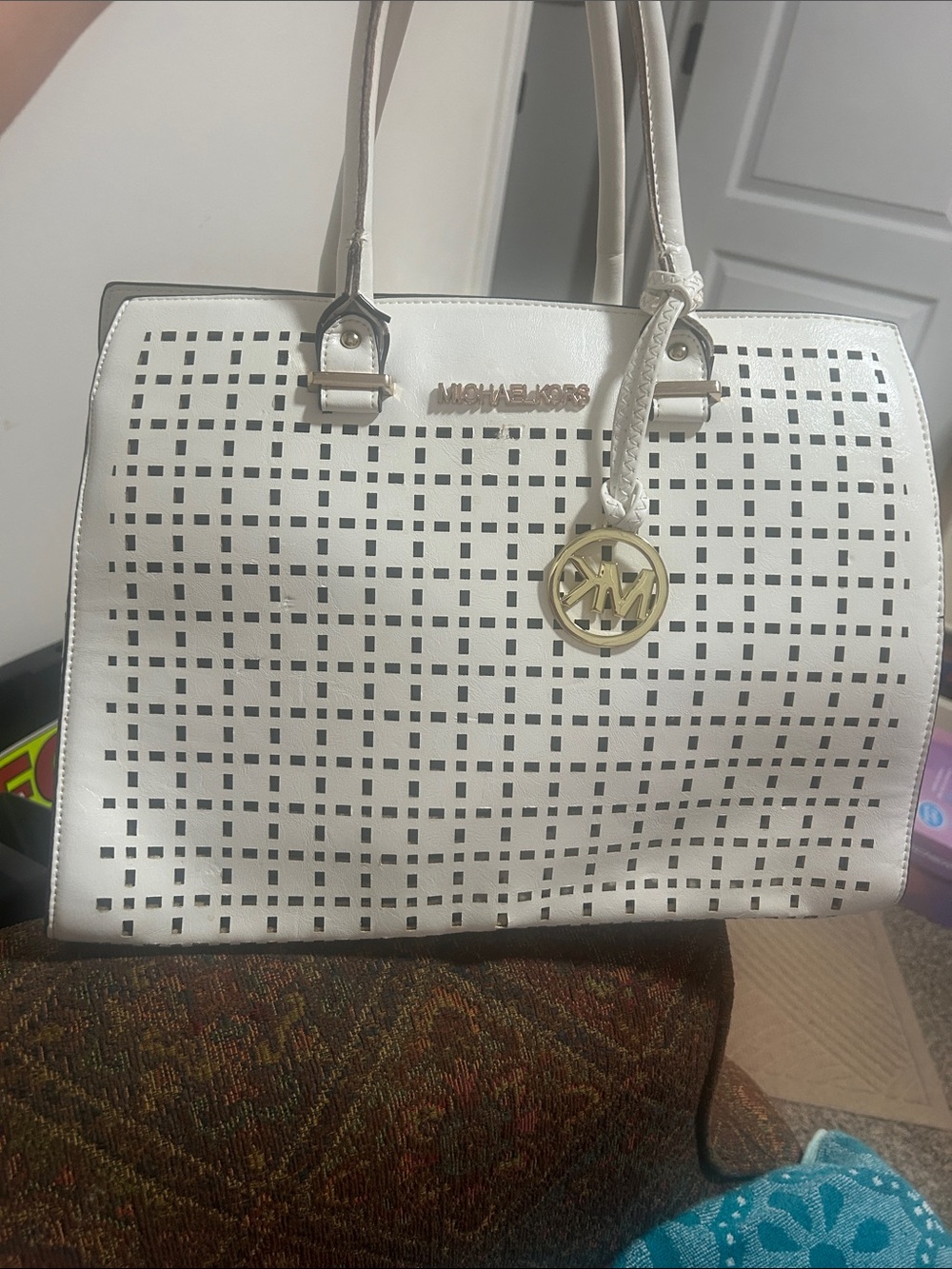 Michael Kors White Perforated Tote with Gold Logo Charm